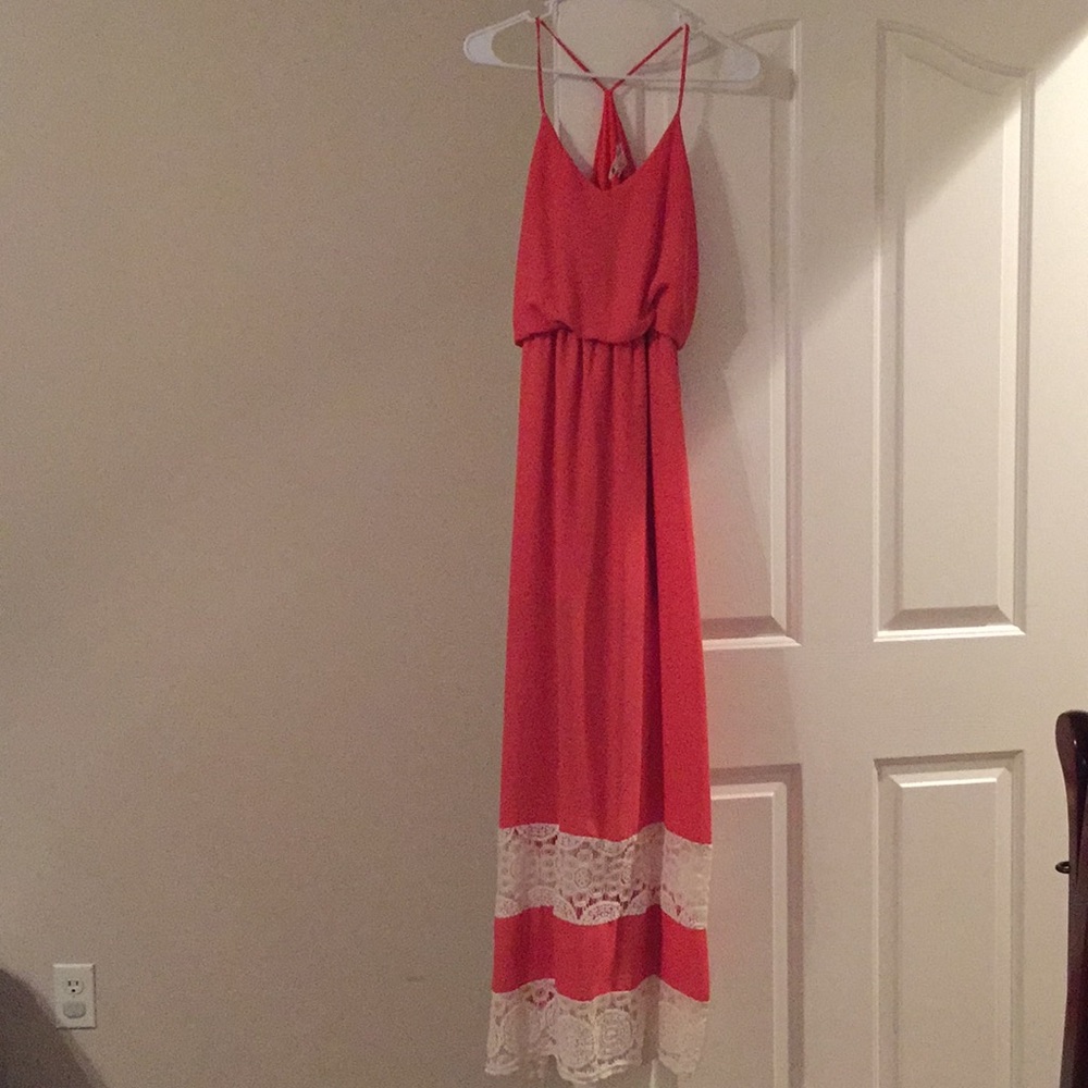 Coral Maxi Dress with Lace Detail